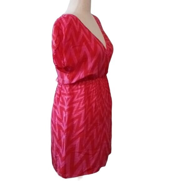 Amanda Uprichard Silk‎ Pink Red Zig Zag Pattern Mini Empire Waist Dress Size L - Picture 5 of 11